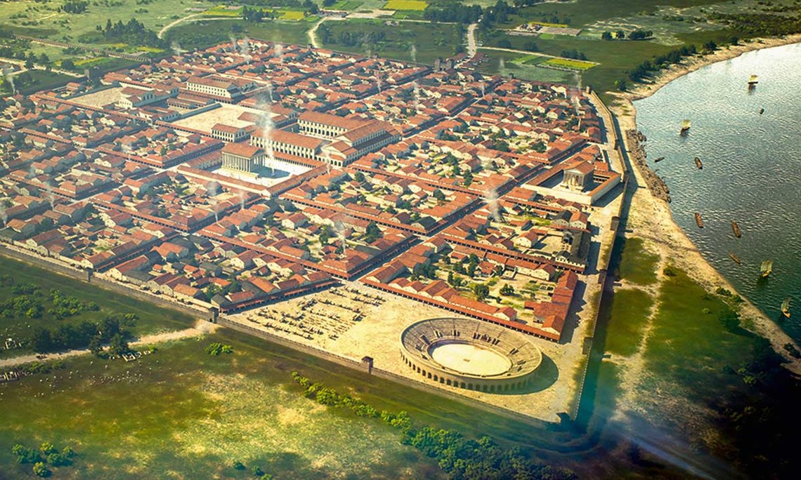 Das römische Xanten – die Colonia Ulpia Traiana (CUT) in einer grafischen Rekonstruktion. · Illustration: Faber Courtial GbR für LVR-Archäologischer Park Xanten