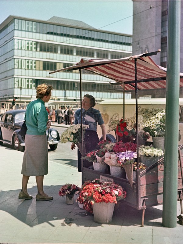 Ein Blumenstand der 1950er Jahre auf der Düsseldorfer Schadowstraße, die damals nach schweren Kriegszerstörungen wieder zu ihrer Rolle als wichtiger Einkaufsstraße zurückfand.