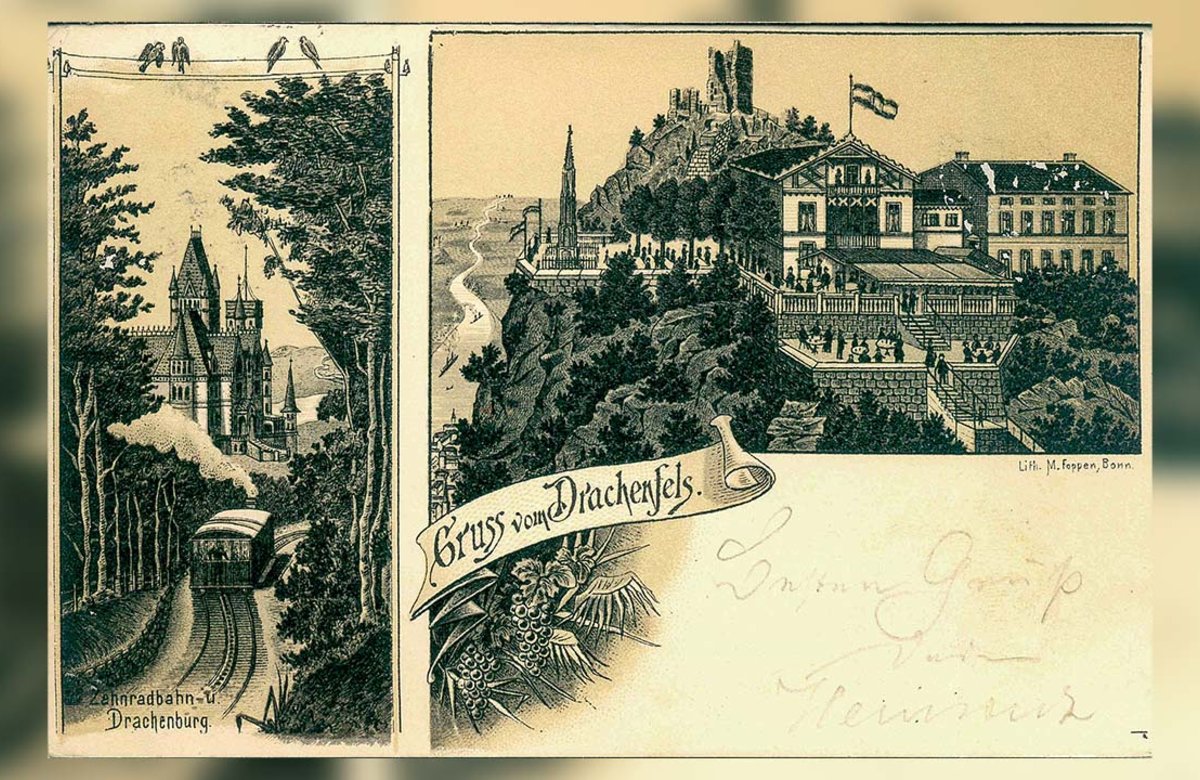 Schon vor mehr als 120 Jahren waren der Drachenfels und seine damals hochmoderne Bahn ein beliebtes Postkartenmotiv.